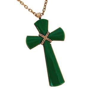Avon Vintage Faux Jade Cross Pendant 26" Long Chain Necklace Signed Original Box